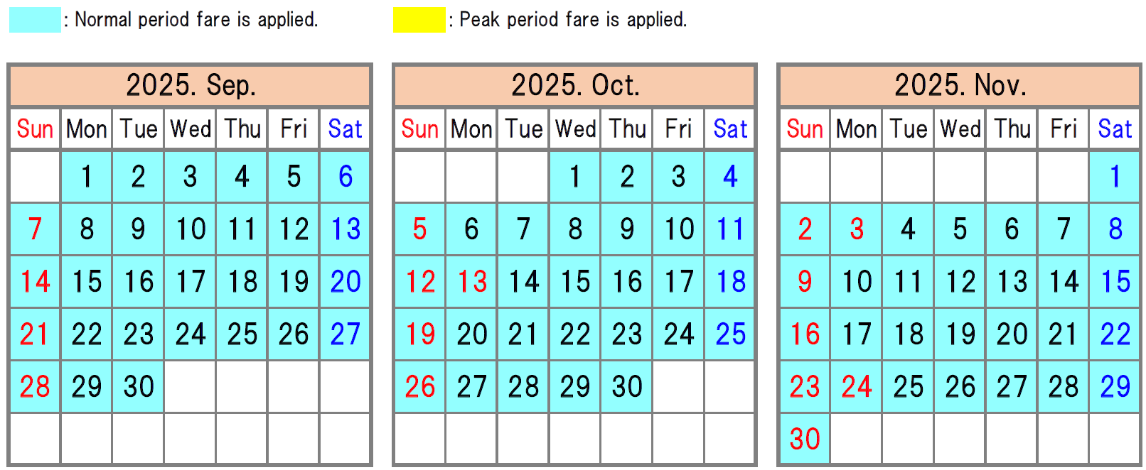 通常期和高峰期的高速长途公交车费用